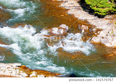 Tereblya river top view. water rocks on a sunny autumn day. Transcarpathian nature background. scenery in the forest of Synevyr national park Tereblya river top view. water rocks on a sunny autumn day. Transcarpathian nature background. scenery in the forest of Synevyr national park 142579767
