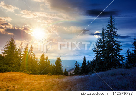 hill with coniferous forest on a meadow in mountains of Ukraine. day meet night. sun and moon over Synevyr national park landscape, Transcrpathia on autumn equinox. spruce trees under epic sky hill with coniferous forest on a meadow in mountains of Ukraine. day meet night. sun and moon over Synevyr national park landscape, Transcrpathia on autumn equinox. spruce trees under epic sky 142579788