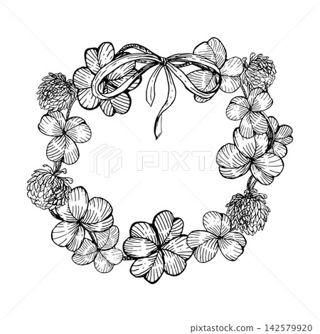 Clover leaves and flowers wreath with a ribbon bow hand drawn vector ink sketch Illustration. Engraving line art botanical frame for Celtic greeting cards, Irish branding, Invitation, festive poster. Clover leaves and flowers wreath with a ribbon bow hand drawn vector ink sketch Illustration. Engraving line art botanical frame for Celtic greeting cards, Irish branding, Invitation, festive poster. 142579920
