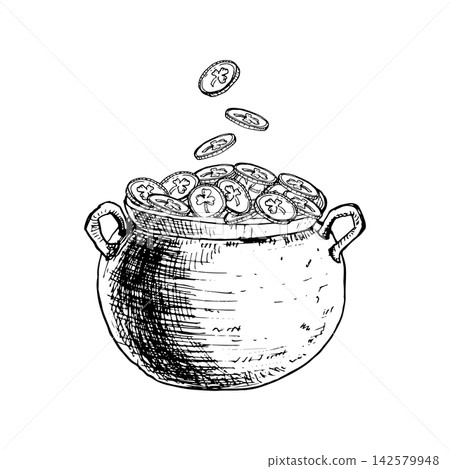 Leprechaun Cauldron with falling shamrock gold coins hand drawn vector ink sketch. Line art monochrome element for St Patricks day cards Irish pub branding, festive printing lucky treasures wealth. Leprechaun Cauldron with falling shamrock gold coins hand drawn vector ink sketch. Line art monochrome element for St Patricks day cards Irish pub branding, festive printing lucky treasures wealth. 142579948