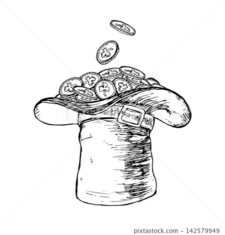 Top hat with falling shamrock gold coins hand drawn vector ink sketch line art. Engraving element for greeting cards, Irish pub branding, costume party design, authentic classic vintage art poster. Top hat with falling shamrock gold coins hand drawn vector ink sketch line art. Engraving element for greeting cards, Irish pub branding, costume party design, authentic classic vintage art poster. 142579949