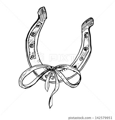Horseshoe with a bow hand drawn vector ink sketch Illustration. Line art Engraving monochrome element for greeting cards, Irish pub branding, good luck charm tattoo and festive wedding decor print. Horseshoe with a bow hand drawn vector ink sketch Illustration. Line art Engraving monochrome element for greeting cards, Irish pub branding, good luck charm tattoo and festive wedding decor print. 142579951