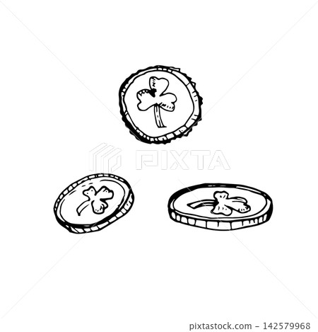 Three Leprechaun coins with shamrock engravings hand drawn vector ink sketch. Line art monochrome graphic element for St Patricks day cards, irish pub branding, symbol tattoo and festive packaging Three Leprechaun coins with shamrock engravings hand drawn vector ink sketch. Line art monochrome graphic element for St Patricks day cards, irish pub branding, symbol tattoo and festive packaging 142579968