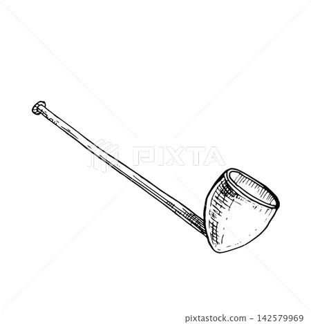 Smoking pipe hand drawn vector ink sketch line art. Monochrome element for Irish vintage card, pub branding tobacco accessories and classic wooden craft design, custom Leprechaun gift art prints. Smoking pipe hand drawn vector ink sketch line art. Monochrome element for Irish vintage card, pub branding tobacco accessories and classic wooden craft design, custom Leprechaun gift art prints. 142579969
