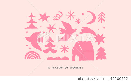 Vintage season of wonder pastel Christmas background in Nordic folk style with hand drawn birds Vintage season of wonder pastel Christmas background in Nordic folk style with hand drawn birds 142580522