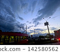 Cloudy Evening Scene With a Tram in a Bustling City 142580562