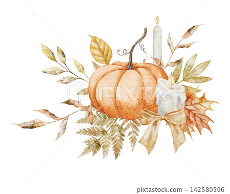 Autumn pumpkin watercolor illustration with fall leaves, wheat, fern and seasonal foliage isolated on background. Harvest botanical composition clipart for Thanksgiving invitations and farmhouse card. Autumn pumpkin watercolor illustration with fall leaves, wheat, fern and seasonal foliage isolated on background. Harvest botanical composition clipart for Thanksgiving invitations and farmhouse card. 142580596
