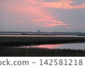 Venetian Lagoon sunset with pink clouds and water reflection 142581218