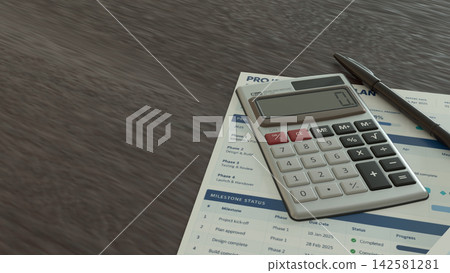 Business Planning Documents with Calculator and Pen on Office Desk 3d render. Business Planning Documents with Calculator and Pen on Office Desk 3d render. 142581281