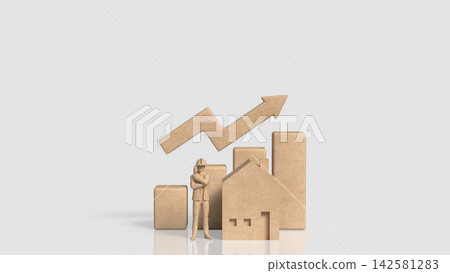 Construction Worker with House and Rising Property Growth Chart 3d render. Construction Worker with House and Rising Property Growth Chart 3d render. 142581283