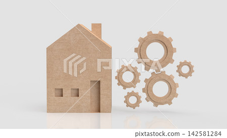 Wooden House with Gears Representing Home Maintenance Services 3d render. Wooden House with Gears Representing Home Maintenance Services 3d render. 142581284