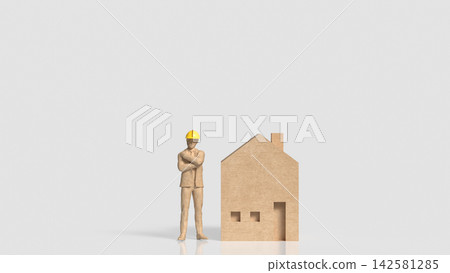Construction Professional Standing Beside Wooden House Model with Copy Space 3d render. Construction Professional Standing Beside Wooden House Model with Copy Space 3d render. 142581285