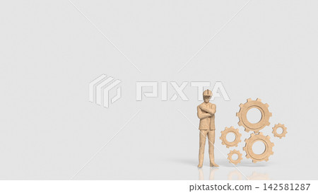 Construction Engineer with Wooden Gears Representing Industrial Teamwork 3d render. Construction Engineer with Wooden Gears Representing Industrial Teamwork 3d render. 142581287