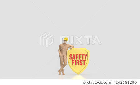 Construction Professional Beside Golden Safety First Shield with Copy Space 3d render. 142581290
