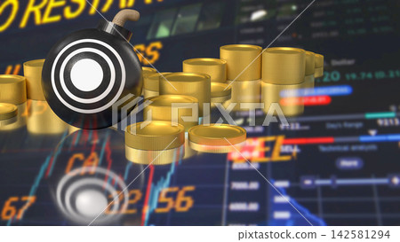 Financial Risk Concept with Bomb and Gold Coins Against Stock Market Charts 3d render. Financial Risk Concept with Bomb and Gold Coins Against Stock Market Charts 3d render. 142581294
