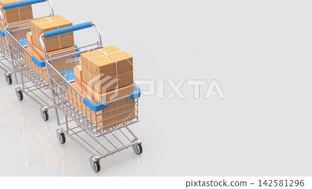 Three Shopping Carts Filled with Packages on a White Background 3d render. Three Shopping Carts Filled with Packages on a White Background 3d render. 142581296