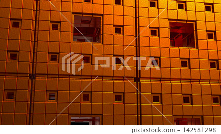 Glowing Copper Geometric Wall with Recessed Squares and Metallic Texture 3d render. Glowing Copper Geometric Wall with Recessed Squares and Metallic Texture 3d render. 142581298