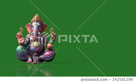 Colorful Ganesha Statue on Green Background with Copy Space 3d render. Colorful Ganesha Statue on Green Background with Copy Space 3d render. 142581299