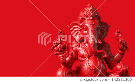 Elegant Red Ganesha Statue with Spacious Monochrome Background 3d render. 142581300
