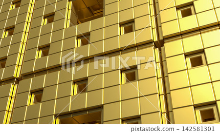 Luxurious Golden Geometric Wall with Reflective Panels and Recessed Squares 3d render. Luxurious Golden Geometric Wall with Reflective Panels and Recessed Squares 3d render. 142581301