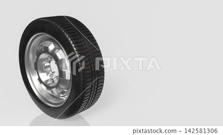 Black Rubber Tire with Shiny Silver Rim on Light Background 3d render. Black Rubber Tire with Shiny Silver Rim on Light Background 3d render. 142581306