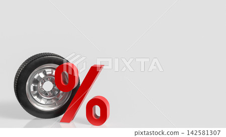 Car Tire with Red Percentage Symbol for Automotive Sale Promotions 3d render. Car Tire with Red Percentage Symbol for Automotive Sale Promotions 3d render. 142581307