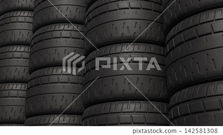 Stacked Black Car Tires with Detailed Tread Patterns 3d render. Stacked Black Car Tires with Detailed Tread Patterns 3d render. 142581308