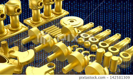 Golden Automotive Engine Parts With Binary Code 3d render. 142581309