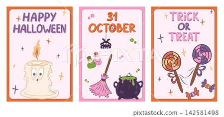 Vector set of three cute Halloween greeting cards Vector set of three cute Halloween greeting cards 142581498