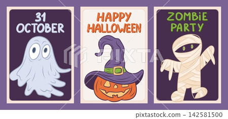 Vector set of three Halloween greeting cards Vector set of three Halloween greeting cards 142581500