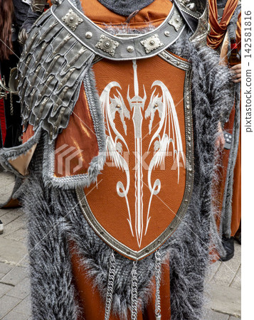 Close up of fantasy warrior armor with orange tunic and dragon emblem at a themed event Close up of fantasy warrior armor with orange tunic and dragon emblem at a themed event 142581816
