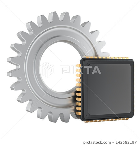 Gear and microchip for industrial automation, embedded systems and hardware technology. 3D rendering Gear and microchip for industrial automation, embedded systems and hardware technology. 3D rendering 142582197