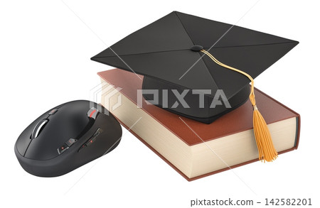Graduation cap, book and computer mouse for online education and academic success. 3D rendering Graduation cap, book and computer mouse for online education and academic success. 3D rendering 142582201