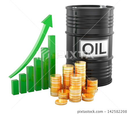 Oil barrel, rising chart and coins. Crude price growth and energy profit, concept. 3D rendering Oil barrel, rising chart and coins. Crude price growth and energy profit, concept. 3D rendering 142582208