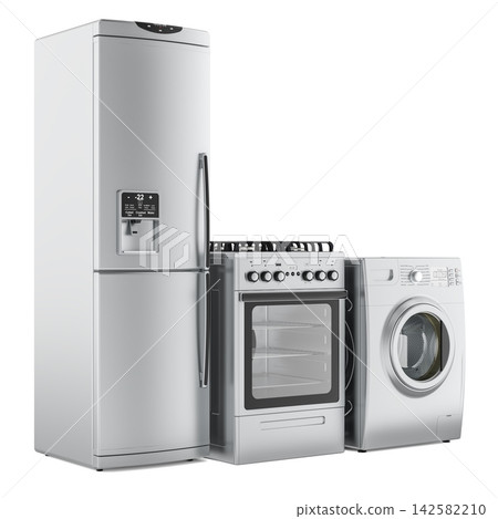 Refrigerator, stove and washing machine set for household appliance concept. 3D rendering Refrigerator, stove and washing machine set for household appliance concept. 3D rendering 142582210