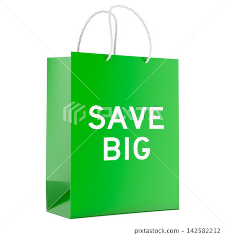 Save Big, green shopping bag. Retail discounts and sales promotion, concept. 3D rendering 142582212
