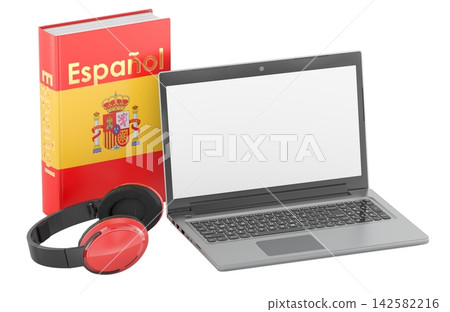 Spanish textbook, laptop and headphones for online language learning. 3D rendering Spanish textbook, laptop and headphones for online language learning. 3D rendering 142582216