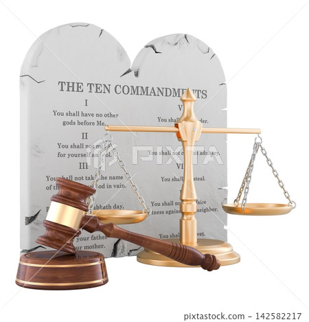 Ten Commandments tablets with scales and gavel for law and justice. 3D rendering Ten Commandments tablets with scales and gavel for law and justice. 3D rendering 142582217