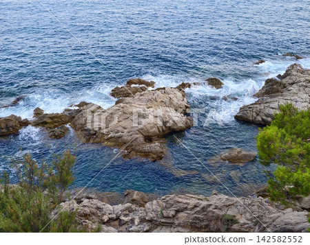 serene rocky coastline with crashing waves and lush vegetation under an aerial perspective in the ocean and rocky shore setting, featuring blue and gray tones and a dynamic and natural mood. 142582552