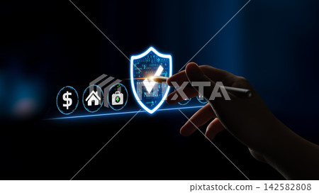 Digital Security Concept with Hand Interacting with Iconic Shield, Money, Home, and Lock Symbols in a Futuristic Environment. Entropy Digital Security Concept with Hand Interacting with Iconic Shield, Money, Home, and Lock Symbols in a Futuristic Environment. Entropy 142582808
