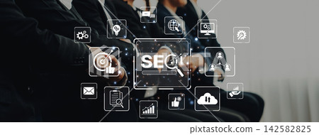 Digital marketing concept illustration featuring SEO elements with professionals sitting in the background during a business meeting discussing strategies Trope Digital marketing concept illustration featuring SEO elements with professionals sitting in the background during a business meeting discussing strategies Trope 142582825