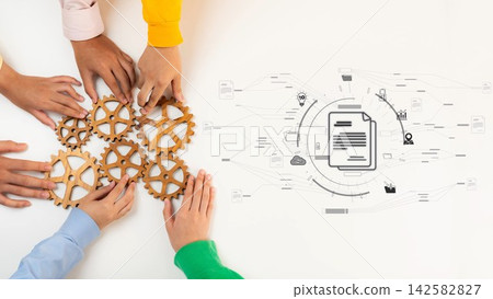 Collaborative Teamwork with Hands Working on Wooden Gears and Digital Workflow Concept for Business, Innovation, and Strategy Planning. Raster Collaborative Teamwork with Hands Working on Wooden Gears and Digital Workflow Concept for Business, Innovation, and Strategy Planning. Raster 142582827
