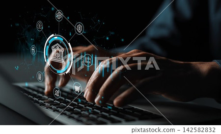 Hands Typing on Keyboard with Digital Bank Icons and Data Visualization in Background for Financial Technology Concept. Entropy 142582832