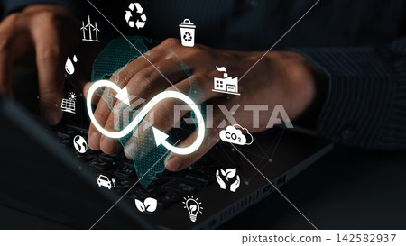 Concept of Sustainable Development and Green Technology with Hands Typing on Laptop Surrounded by Eco-Friendly Icons and Symbols Representing Recycling and Carbon Reduction. Entropy Concept of Sustainable Development and Green Technology with Hands Typing on Laptop Surrounded by Eco-Friendly Icons and Symbols Representing Recycling and Carbon Reduction. Entropy 142582937