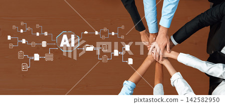 Collaborative Teamwork Embracing Artificial Intelligence Concepts on Wooden Table with Hands Joining Together, Network Icons Representing Innovation and Technology Quark 142582950