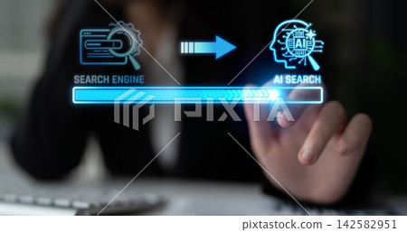 Transition from Traditional Search Engine to Innovative AI Search Technology in a Modern Workspace Environment. Liminal Transition from Traditional Search Engine to Innovative AI Search Technology in a Modern Workspace Environment. Liminal 142582951