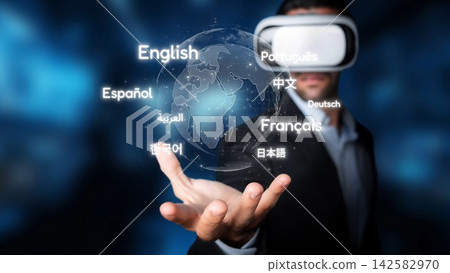 Businessman wearing virtual reality headset interacting with floating globe displaying multiple languages on a futuristic background. Raster Businessman wearing virtual reality headset interacting with floating globe displaying multiple languages on a futuristic background. Raster 142582970