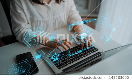 Hands typing on a laptop with digital overlays representing artificial intelligence concepts, technology, and modern communication in a bright office space Gluon Hands typing on a laptop with digital overlays representing artificial intelligence concepts, technology, and modern communication in a bright office space Gluon 142583000