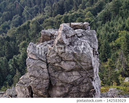 Rugged limestone cliff juts above dense evergreen forest, showing layered rockface and rough outcrop from high promontory, dramatic natural scenery with trees and stone grandeur Rugged limestone cliff juts above dense evergreen forest, showing layered rockface and rough outcrop from high promontory, dramatic natural scenery with trees and stone grandeur 142583029