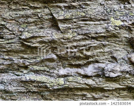 Rough textured rock wall with layered stone strata, mossy patches, weathered surface, crevices, and rugged outdoor masonry, with rock, wall, texture, surface detail Rough textured rock wall with layered stone strata, mossy patches, weathered surface, crevices, and rugged outdoor masonry, with rock, wall, texture, surface detail 142583034